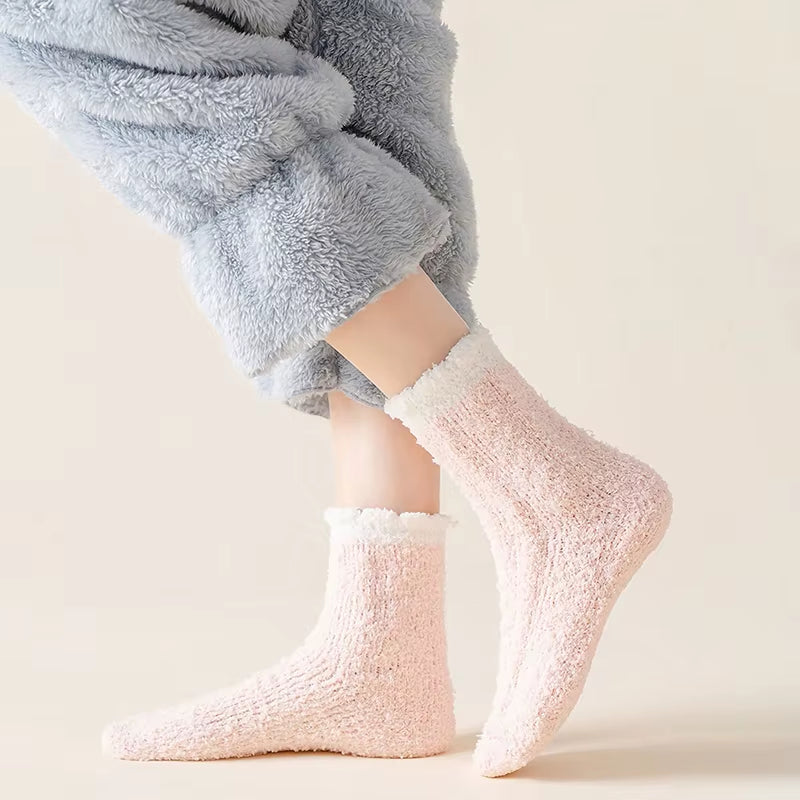 4 Pairs Women Winter Warm Fuzzy Socks Thick Thermal Solid Soft Fluffy Socks Cute Fashion Slipper Home Floor Sleeping Socks